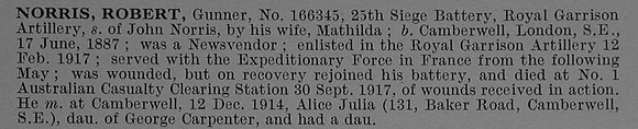 Norris R Gnr 166345 Royal Garrison Artillery Obit De Ruvignys Roll Of Honour Vol 4