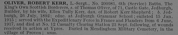 Oliver R K L/Sergt 200981 6th Kings Own Scottish Borderers Obit De Ruvignys Roll Of Honour Vol 4