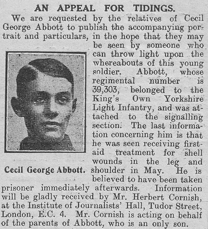 Abbott C G Pte 39303 9th Kings Own Yorkshire Light Infantry The Graphic 17th July 1918