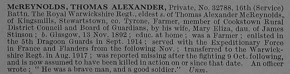 McReynolds T A Pte 32788 16th Royal Warwickshire Regiment Obit De Ruvignys Roll Of Honour Vol 4