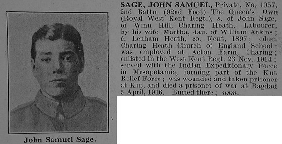 Sage J S Pte 1057 2nd Queens Own Royal West Kent Regiment Obit De Ruvignys Roll Of Honour Vol 3