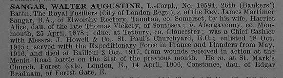 Sangar W A L/Cpl 19584 26th Royal Fusiliers Obit De Ruvignys Roll Of Honour Vol 4