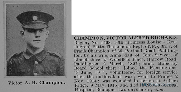 Champion V A R Bugler 1468 13th London Regiment Obit De Ruvignys Roll Of Honour Vol 1
