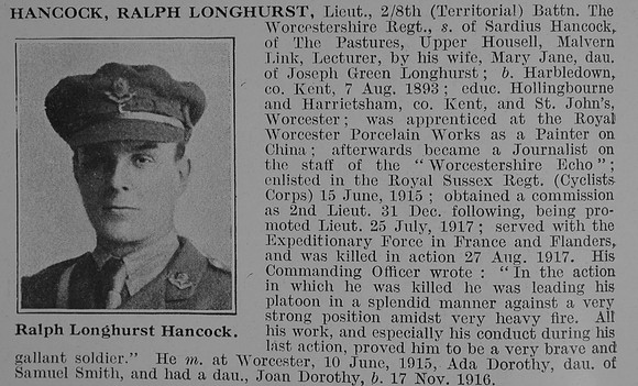 Hancock R L Lt 8th Worcestershire Regiment Obit De Ruvignys Roll Of Honour Vol 3
