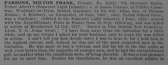 Parsons M F Pte 25827 7th Somerset Light Infantry Obit Part 1 De Ruvignys Roll Of Honour Vol 4