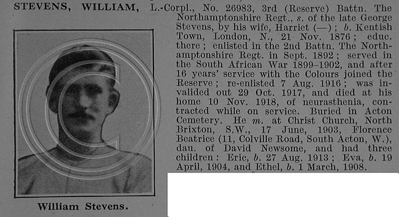 Stevens W L/Cpl 26983 3rd Northamptonshire Regiment Obit De Ruvignys Roll Of Honour Vol 4