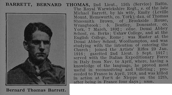 Barrett B T 2nd Lt 15th Royal Warwickshire Regiment Obit De Ruvignys Roll Of Honour Vol 4