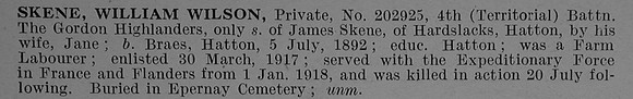 Skene W W Pte 202925 4th Gordon Highlanders Short Obit De Ruvignys Roll Of Honour Vol 4