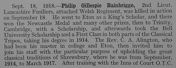 Bainbrigge P G 2nd Lt 5th Lancashire Fusiliers Obit Part 1 Shrewsbury School Roll Of Service