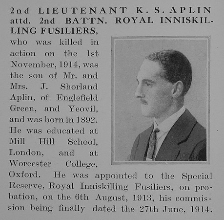 Aplin K S 2nd Lt 2nd Royal Inniskilling Fusiliers Obit The Bond Of Sacrifice Vol 1