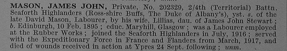 Mason J J Pte 202329 4th Seaforth Highanders Obit De Ruvignys Roll Of Honour Vol 4