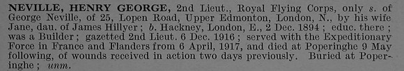Neville H G 2nd Lt Royal Flying Corps Short Obit De Ruvignys Roll Of Honour Vol 4
