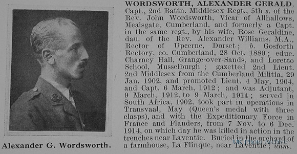 Wordsworth A G Captain 2nd Middlesex Regiment Obit De Ruvignys Roll Of Honour Vol 1