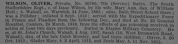Wilson O Pte 30789 7th South Staffordshire Regiment Obit De Ruvignys Roll Of Honour Vol 4