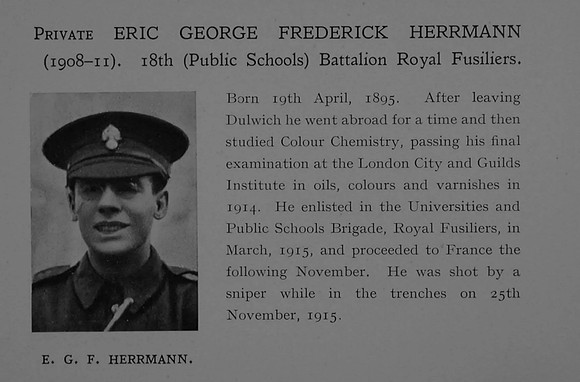 Herrman E G F Pte 6518 18th Royal Fusiliers Obit Dulwich College Roll Of Honour