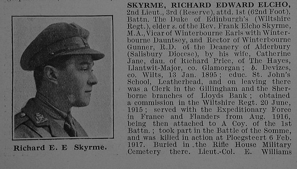 Skyrme R E E 2nd Lt 3rd Attd 1st Wiltshire Regiment Obit Part 1 De Ruvignys Roll Of Honour Vol 3