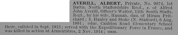 Averill A Pte 9974 1st North Staffs Regiment Obit