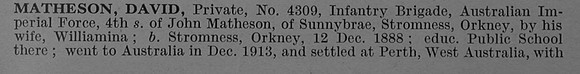 Matheson D Pte 4309 28th Australian Infantry, A.I.F. Obit Part 1 De Ruvignys Roll Of Honour Vol 4