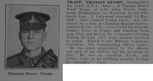 Trapp T H Bmdr 75536 Royal Field Artillery Obit De Ruvignys Roll Of Honour Vol 3