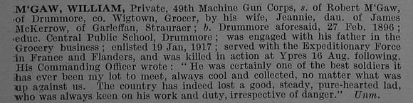 McGaw W Pte 97880 Machine Gun Corps (Infantry) Obit De Ruvignys Roll Of Honour Vol 4