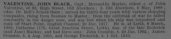 Valentine J B Captain SS Warsaw Mercantile Marine Obit De Ruvignys Roll Of Honour Vol 4