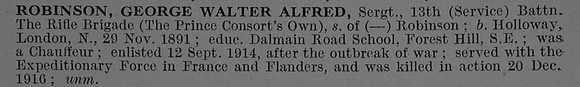 Robinson G W A Sergt Z-2774 13th Rifle Brigade Short Obit De Ruvignys Roll Of Honour Vol 4