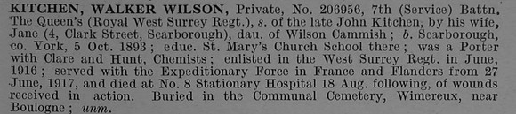 Kitchen W W Pte 206956 7th Royal West Surrey Regiment Obit De Ruvignys Roll Of Honour Vol 4