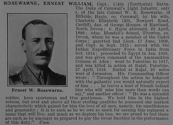 Rosewarne E W Captain 4th Duke Of Cornwalls Light Infantry Obit De Ruvignys Roll Of Honour Vol 4