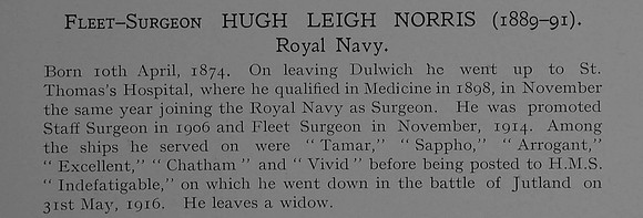 Norris H L Fleet Surg H.M.S. Indefatigable Royal Navy Obit Dulwich College Roll Of Honour