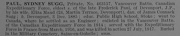 Paul S S Pte 463157 29th Canadian Infantry (British Columbia Regiment) Obit De Ruvignys Roll Of Honour Vol 4