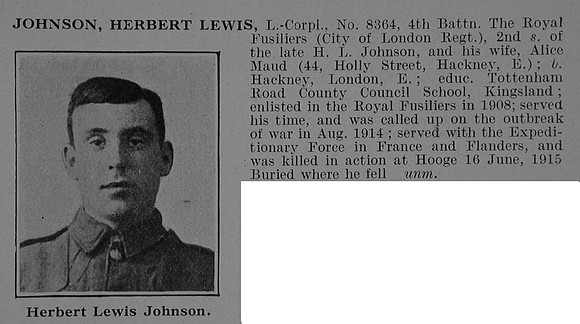 Johnson H L LCpl 8364 4th Royal Fuiliers Obit De Ruvignys Roll Of Honour Vol 5