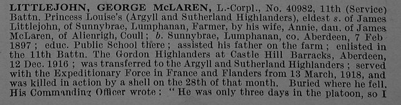 Littlejohn G M L/Cpl 40982 11th Argyll & Sutherland Highlanders Obit Part 1 De Ruvignys Roll Of Honour Vol 4