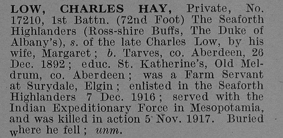 Low C H Pte 17210 1st Seaforth Highlanders Obit De Ruvignys Roll Of Honour Vol 4