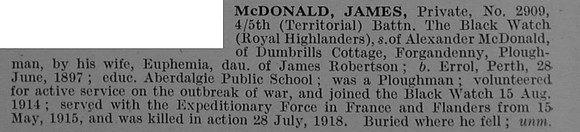 McDonald J Pte 2909 5th Black Watch Obit De Ruvignys Roll Of Honour Vol 4