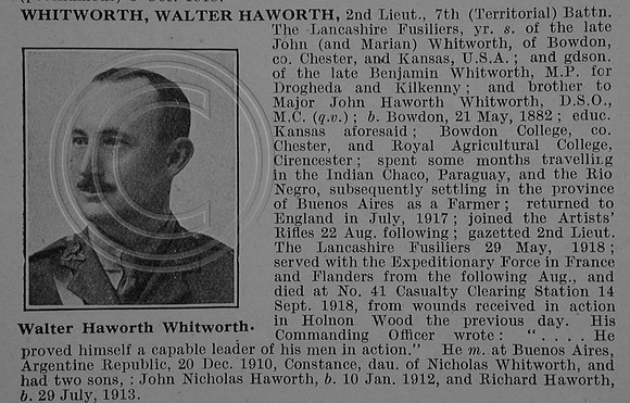 Whitworth W H 2nd Lt 7th Lancashire Fusiliers Obit De Ruvignys Roll Of Honour Vol 4