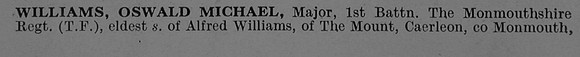 Williams O M Major 1st Monmouthshire Regiment Obit Part 1 De Ruvignys Roll Of Honour Vol 3