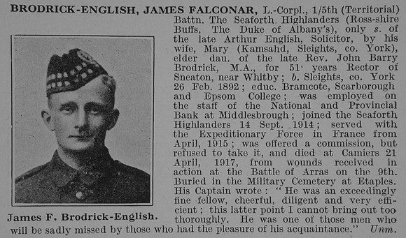 Brodrick-English J F LCpl 5th Seaforth Highlanders Obit De Ruvignys Roll Of Honour Vol 4