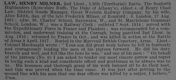 Law H M 2nd Lt 6th Seaforth Highlanders Obit De Ruvignys Roll Of Honour Vol 4