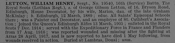 Letton W H Sergt 19540 16th Royal Scots Obit De Ruvignys Roll Of Honour Vol 4