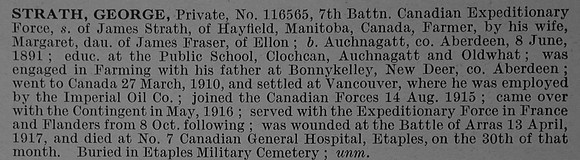 Strath G Pte 116565 7th Canadian Infantry (British Columbia Regiment) Obit De Ruvignys Roll Of Honour Vol 4