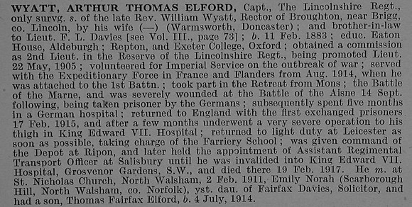 Wyatt A T E Captain 3rd Attd 1st Lincolnshire Regiment Obit De Ruvignys Roll Of Honour Vol 4