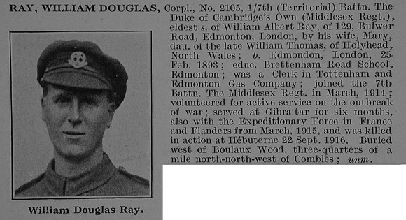 Ray W D Cpl 2105 7th Middlesex Regiment Obit De Ruvignys Roll Of Honour Vol 3