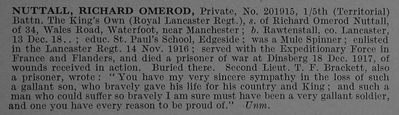 Nuttall R O Pte 201915 5th Kings Own Royal Lancaster Regiment Obit De Ruvignys Roll Of Honour Vol 4