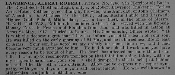 Lawrence A R Pte 3766 9th Royal Scots Obit De Ruvignys Roll Of Honour Vol 4