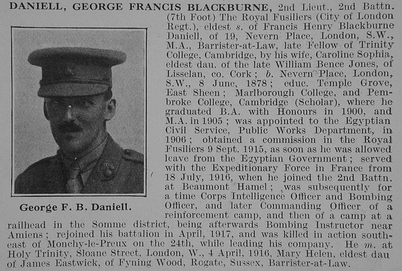 Daniell G F B 2nd Lt 6th Attd 2nd Royal Fusiliers Obit De Ruvignys Roll Of Honour Vol 3