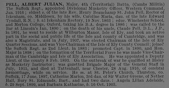 Pell A J Major 4th Suffolk Regiment Obit De Ruvignys Roll Of Honour Vol 4