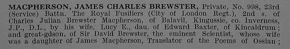 MacPherson J C B Pte 998 23rd Royal Fusiliers Obit Part 1 De Ruvignys Roll Of Honour Vol 5