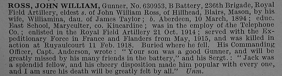 Ross J W Gnr 630953 Royal Field Artillery Obit De Ruvignys Roll Of Honour Vol 4