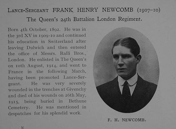 Newcomb F H LSergt 2185 24th London Regiment Obit Dulwich College Roll Of Honour