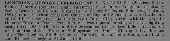 Longman G E Pte 32191 8th Somerset Light Infantry Obit De Ruvignys Roll Of Honour Vol 4